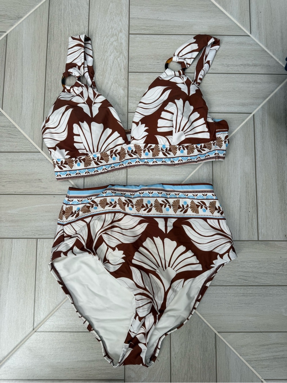 ANTONIO MELANI Brown & White Floral High-Waist Bikini Set